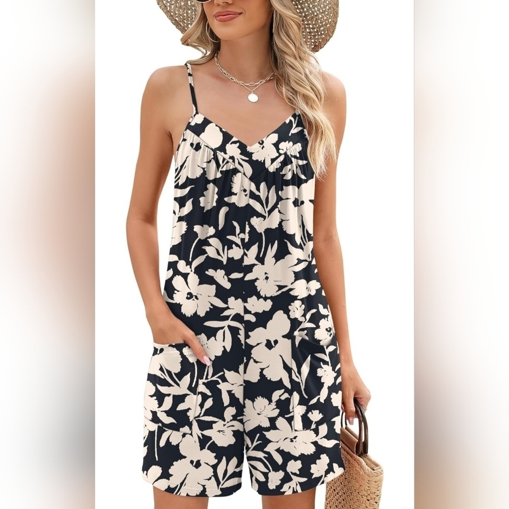 Elegant Black & Cream Floral Romper With Pockets